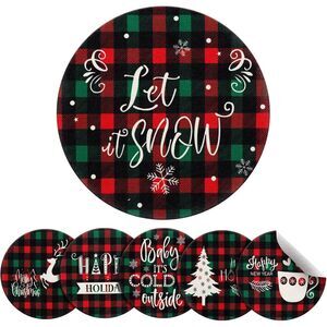 6 Pcs Round Christmas Placemats Winter Snowflake Deer Buffalo Plaid Table